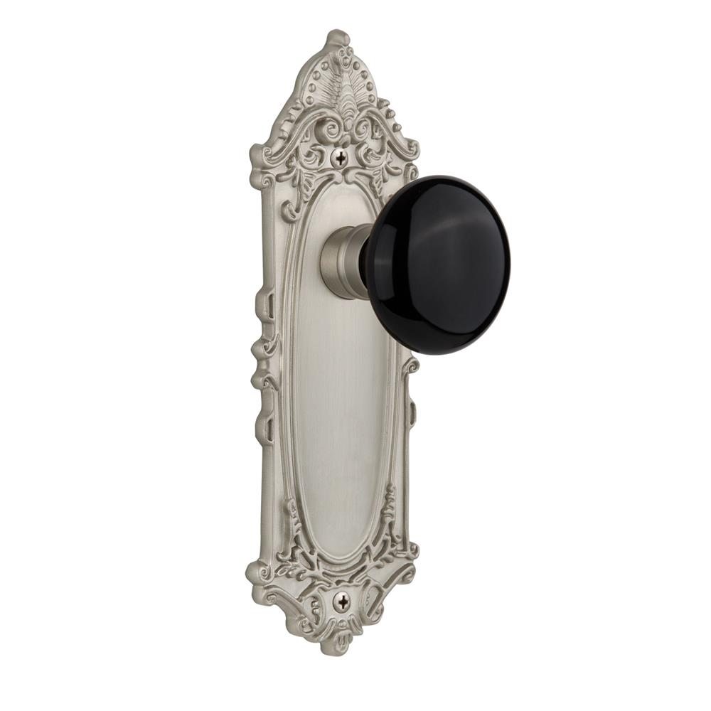 Nostalgic Warehouse VICBLK Passage Knob Victorian Plate with Black Porcelain Knob without Keyhole in Satin Nickel